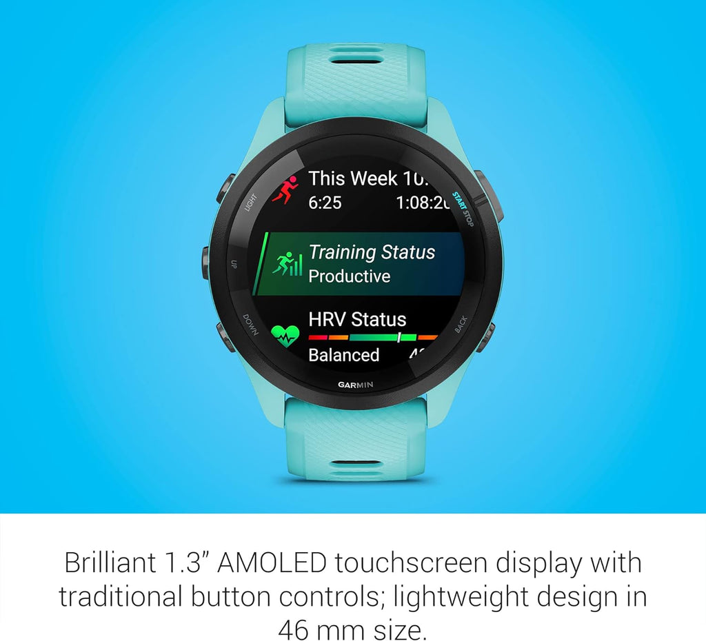 Garmin Forerunner 265 Running Smartwatch, Colorful AMOLED Display, Training Metrics and Recovery Insights, Aqua and Black